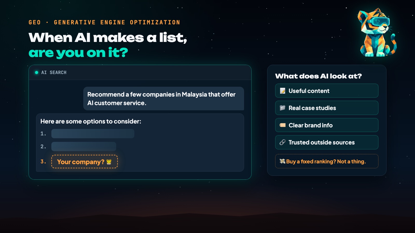 An AI chat window lists recommendations, and the third spot says "Your company?"