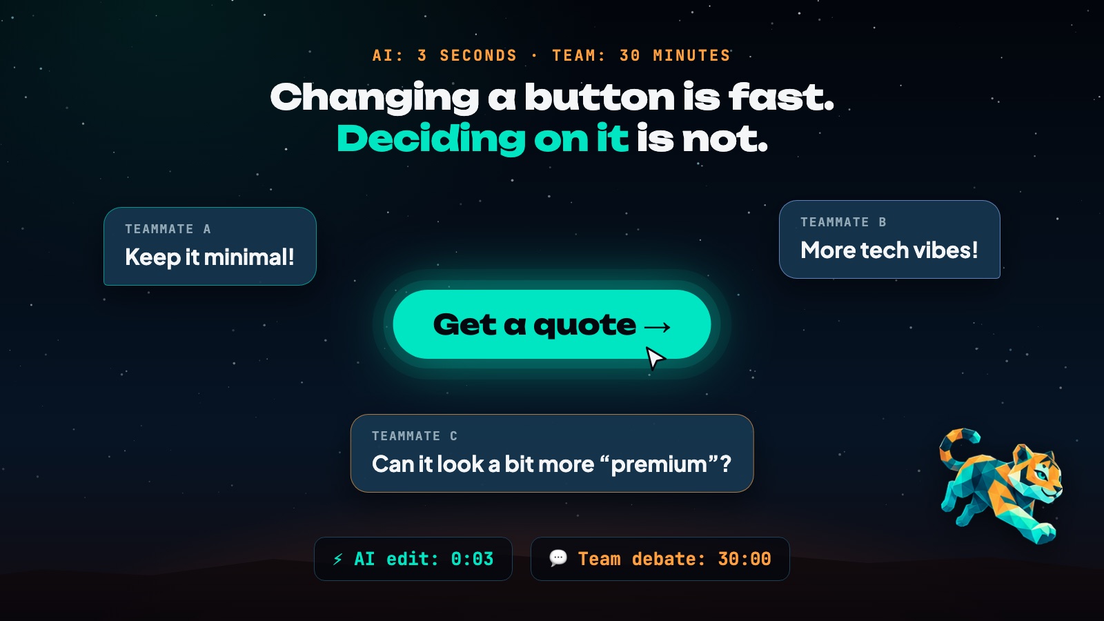 Three teammates argue over one button: keep it minimal, more tech vibes, a bit more premium